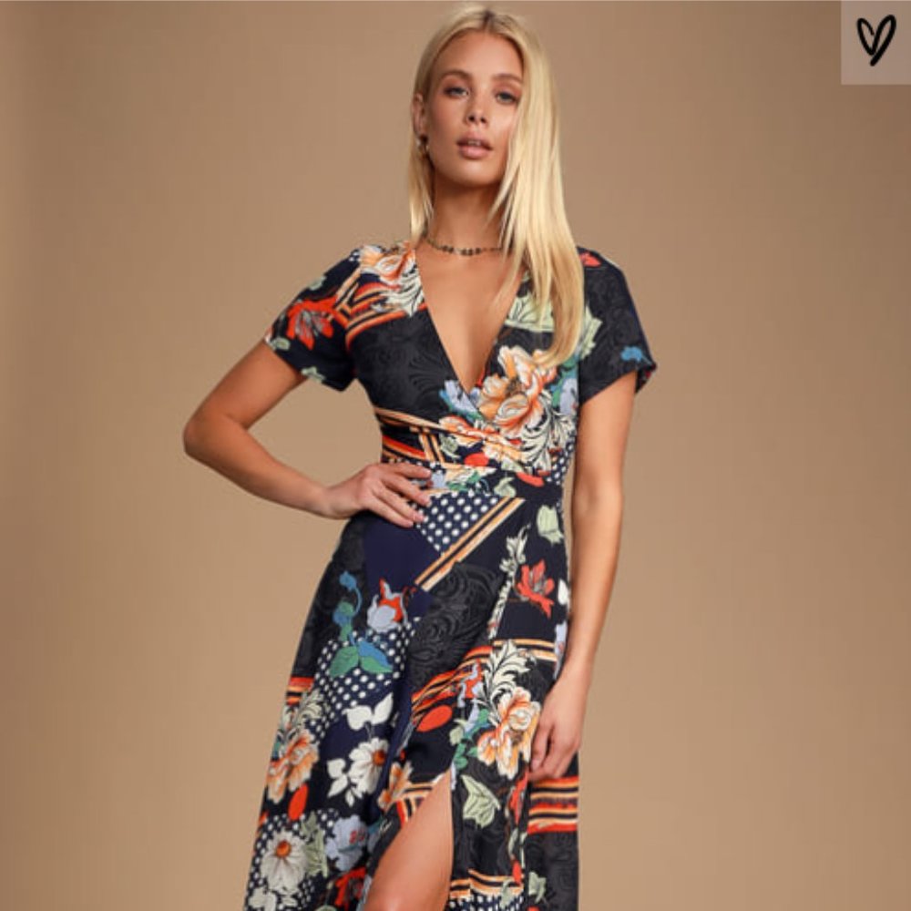 Navy Blue Print Short Sleeve Surplice Maxi Dress
